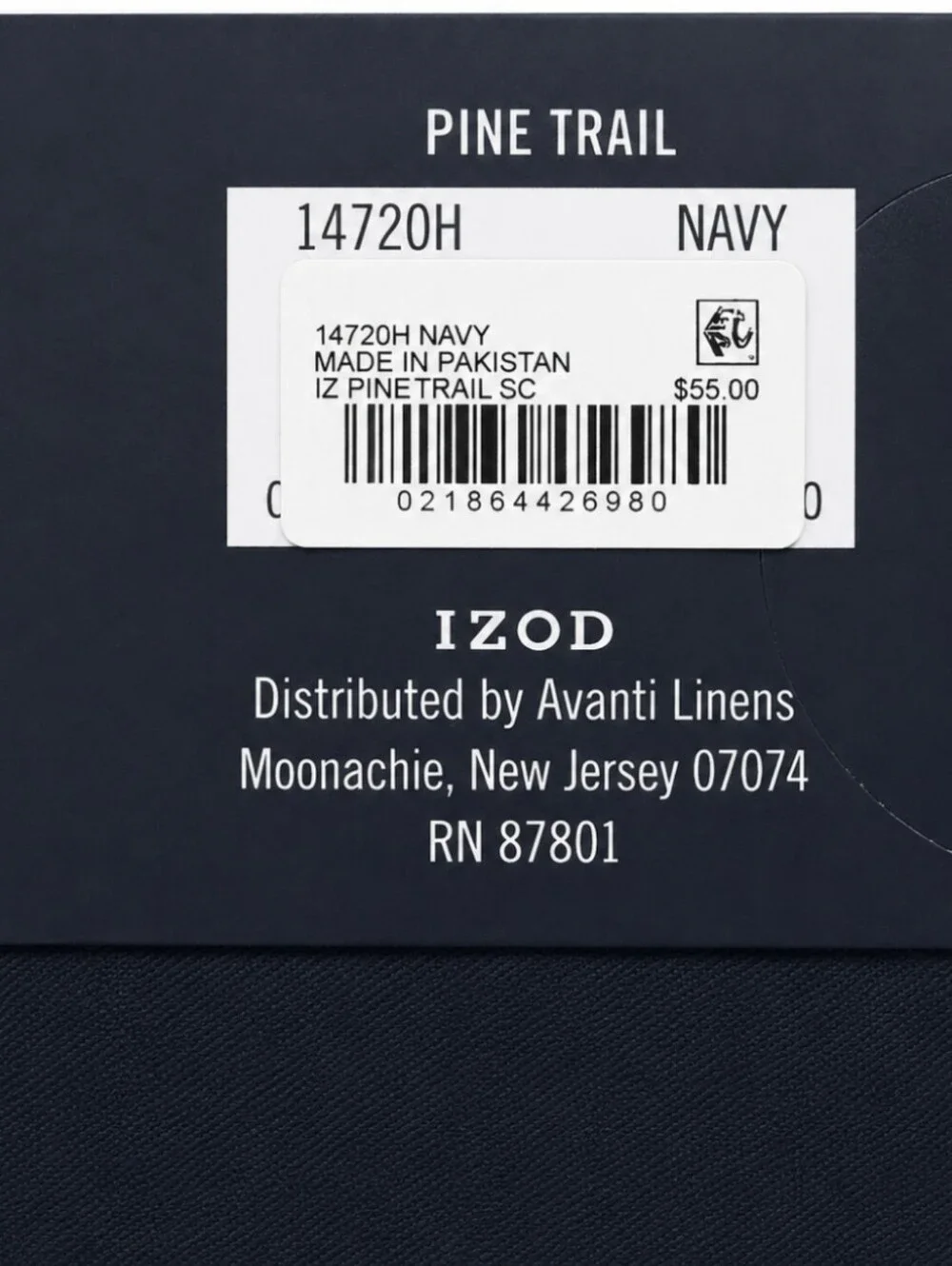 Izod Navy Shower Curtain with Cream Pine Motif 72